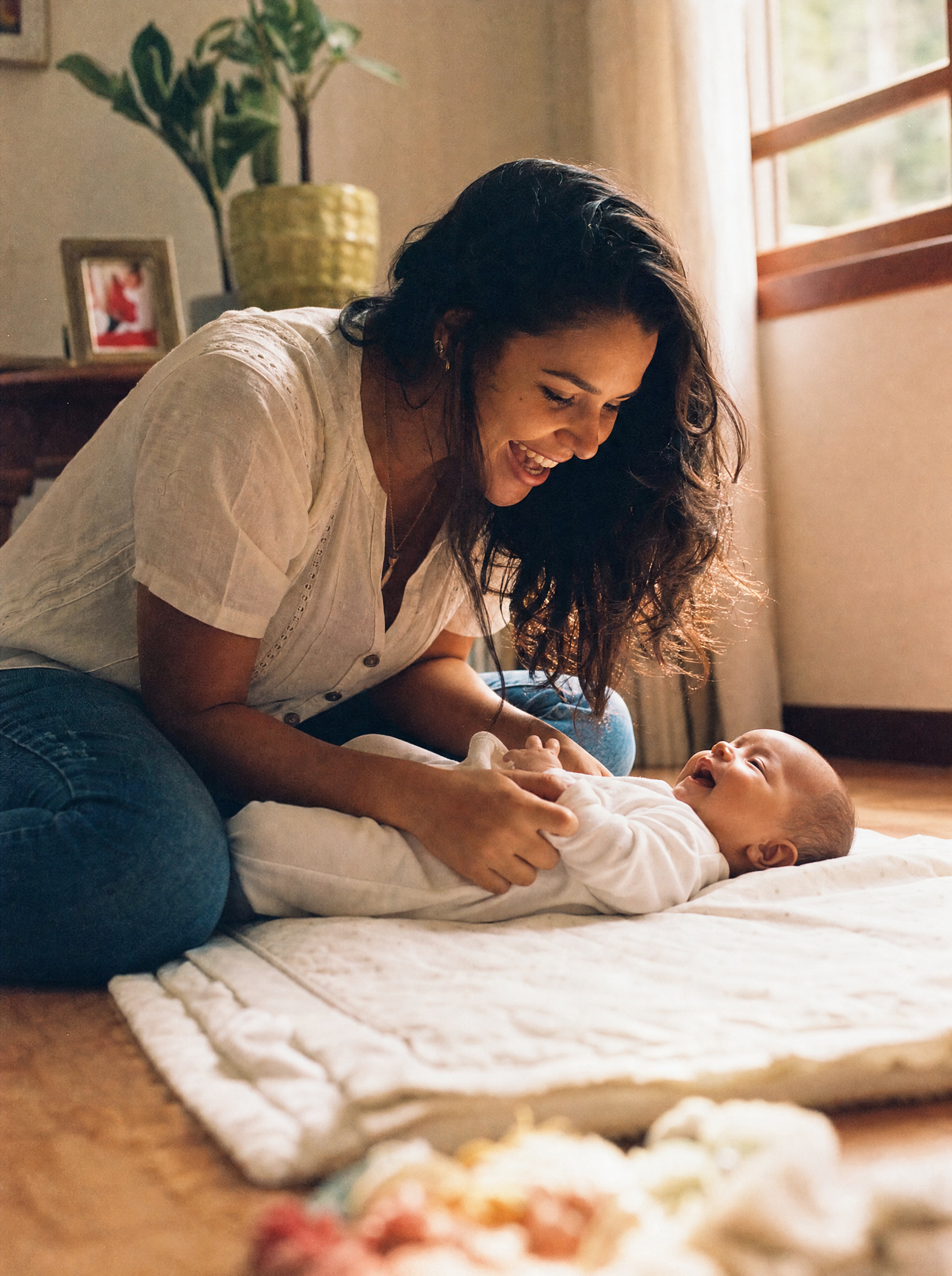 Mãe brasileira sorrindo com alegria enquanto brinca com seu bebê no colo, paz e felicidade genuínos